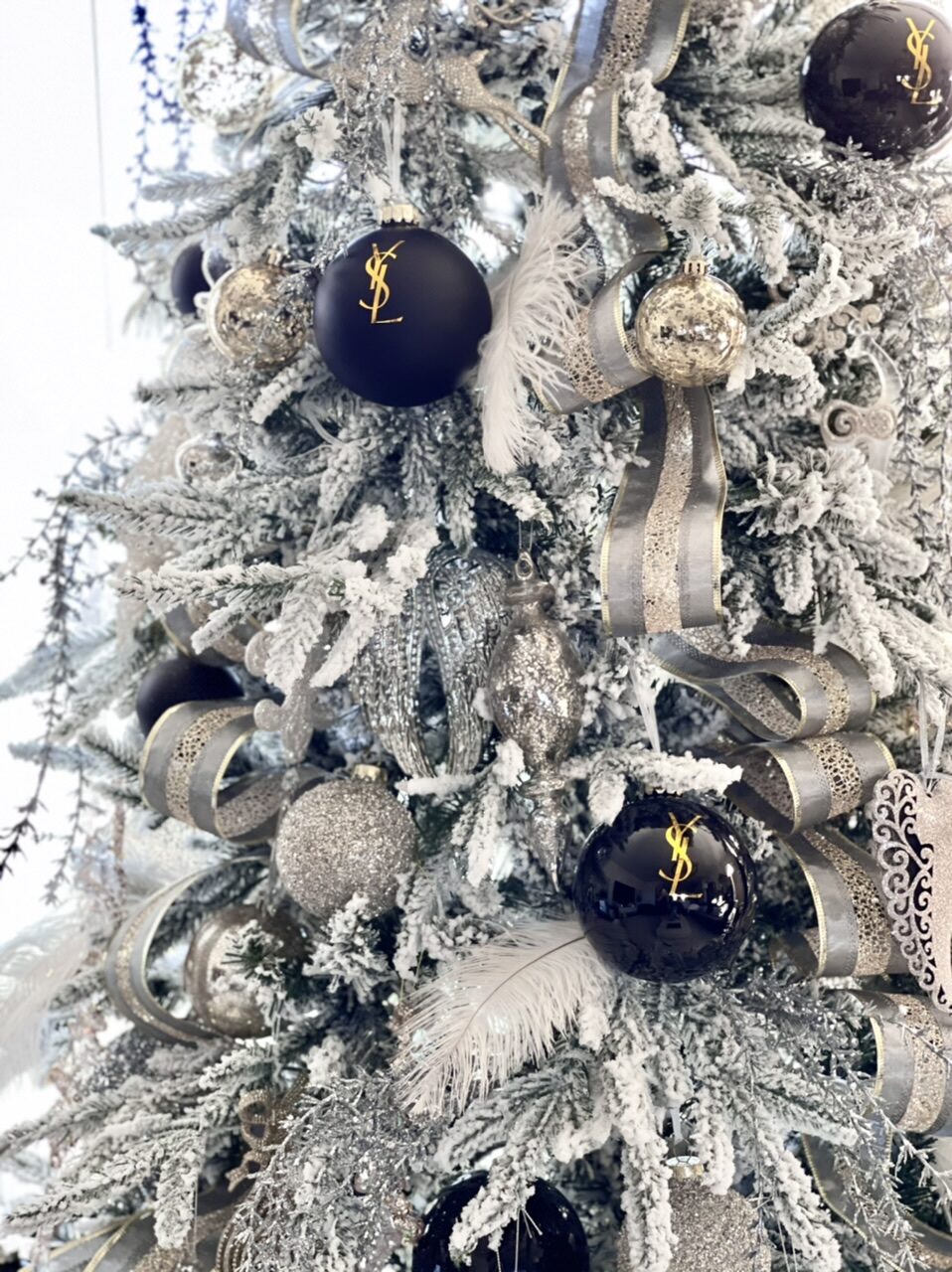 YSL Christmas tree, YSL Christmas ornaments, designer Christmas tree, designer Christmas tree ideas, luxury Christmas decor, Saint Laurent decor, Saint Laurent ornaments 